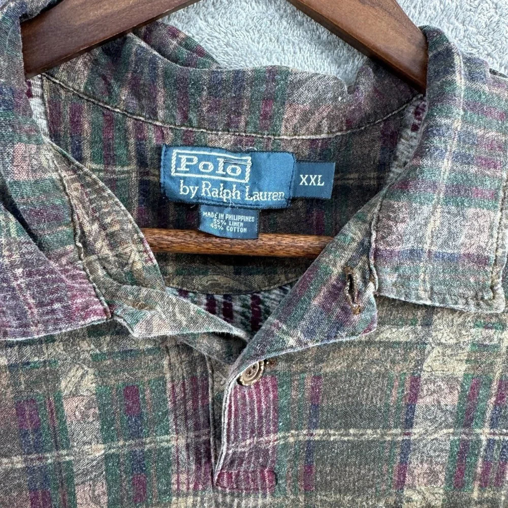 Vintage Polo Ralph Lauren Polo Shirt Linen Blend Mens Size 2XL Plaid Brown Red